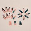 MISUD Long Coffin Press on Nails Ballerina Fake Nails Glossy Glue on Nails Black French Tip Acrylic Nails Green Bling Glitter Artificial Nails 3D Rhinestone Stick on False Nails with Design 24 pcs