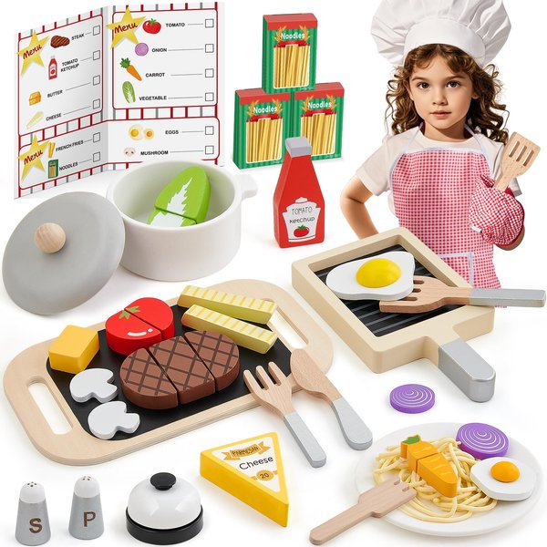 Lonico Wooden Play Kitchen Accessories for Toddlers 3-5, Play Food Sets for Kids Kitchen with Costume & Steak & Pasta & Utensils, Pretend Cooking Toys Christmas Birthday Gifts for Girls Boys 3 4 5 6