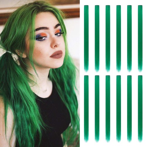 12 Pcs Colored Clip in Hair Extensions 22 inch Rainbow Long Straight Hairpieces Synthetic Colorful Hair Piece Multi-colors Hair Extensions Party Highlights Extension for Kids Girls（Green）