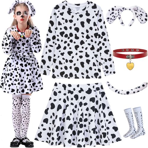 ZeroShop Dalmatian Costume Kids,101 Days of School Outfit Clothes Shirt Dress Tutu for Girls Ears Headband Socks Accessories,8