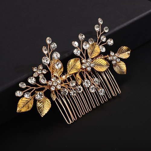 Teyglen Wedding Hair Comb Gold Leaf Headpiece Bridal Flower Rhinestone Hair Side Comb Handmade Crystal Leaf Hair Piece Hair Accessories for Women Girls Festival Party Prom