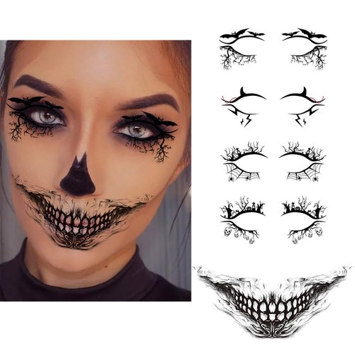 8 Pairs Halloween Eye Shadow Temporary Tattoo Stickers and Prank Mouth Tattoos, Spider Web Skull Bat Eyeliner Decals Ghost Teeth Face Makeup Stickers for Women Girls Halloween Masquerade Party