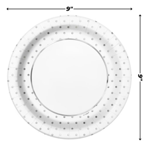 Foil Dots Round Dinner Paper Plates - 9", Silver, 8 Pcs