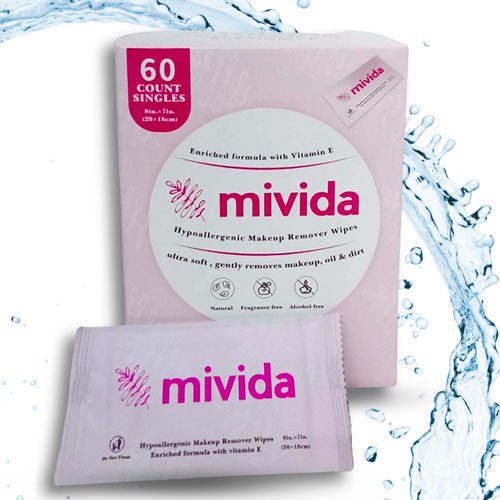 mivida Hypoallergenic Individually Wrapped Makeup Remover Wipes With Vitamin E | Fragrance-Free, Alcohol-Free make up wipes | Travel Essentials, 60 Count make up wipes singles