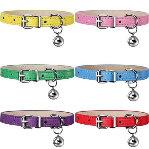 Weewooday 6 Pieces Leather Cat Collar with Bell Leather Kitten Collar Cat Collar for Boy Cats, Girl Cats with Safety Elastic Strap Cute Pet Collars for Small Cat Kitten Puppy