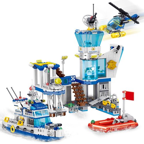 Police Station Building Blocks Set, 800pcs Building Toy with Ship,Boat & Helicopter for Boys 6+,Compatible with Lego