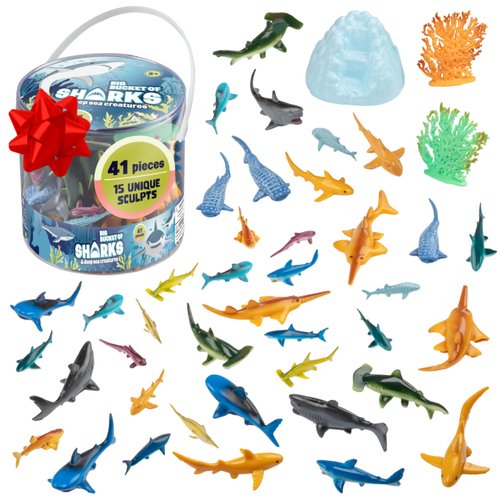 Sharks Toys Action Figure Bucket- 41pc Playset- Fun Deep Sea Fish Set Includes Great White Shark, Hammerhead, Whale & More- Great Bathtub & Sandbox Toy, Party Decoration & Stocking Stuffer Xmas Gift