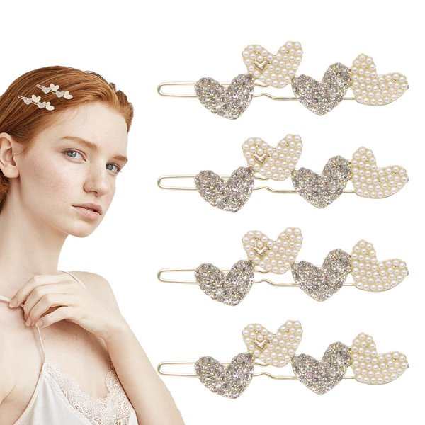 4Pcs Heart Pearl Hair Clips Sparkly Rhinestone Clips Cute Small Metal Hair Barrettes Decorative Wedding Hair Accessories for Women Girls Bride