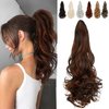 FELENDY Ponytail Extension, 18" Claw Clip in Ponytail Extensions Long Curly Wavy Jaw Clip on Pony Tails Hairpiece for Women Dark Brown Mix Light Auburn