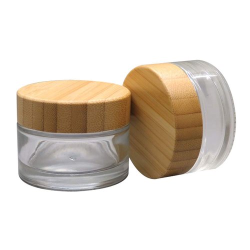 2Pcs 50ml Clear Empty Refillable Glass Bottles Round Cosmetic Jars Container Storage Pot with Natural Bamboo Lids and Sealing Inner Liner for Face Cream, Samples, Balms, Makeup Emulsion Beauty Case