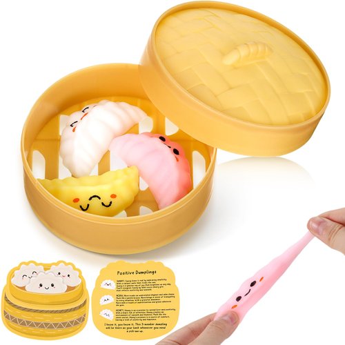 Hollowfly 1 Set Positive Dumplings Gifts 3 Pcs Dumplings Stress Ball Steamer with Positive Cards Squeeze Stress Relief Toy Employee Appreciation Gifts Birthday Gifts