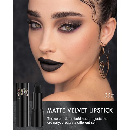 Matte Lipstick, Black Gothic Velvet Creamy Full Coverage Lip Gloss, Long Lasting Waterproof Lip Tint Stain, Non-stick Lightweight Tinted Lip Balm, Halloween Cosplay Lip Makeup for Women-05