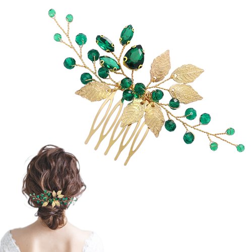 Bridal Hair Side Comb Emerald Green Crystal Gold Leaf Vine Hair Piece Accessories Rhinestone Hair Comb Leaves Crystal Bride Wedding Hair Accessories for Brides and Bridesmaids