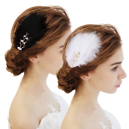 MWOOT Fascinator Feather Hair Clips, 4 Pieces for 1920s Costumes - Black White Barrette for Women, Girls, Ballet, Dance, Classic Skating, Dress Up