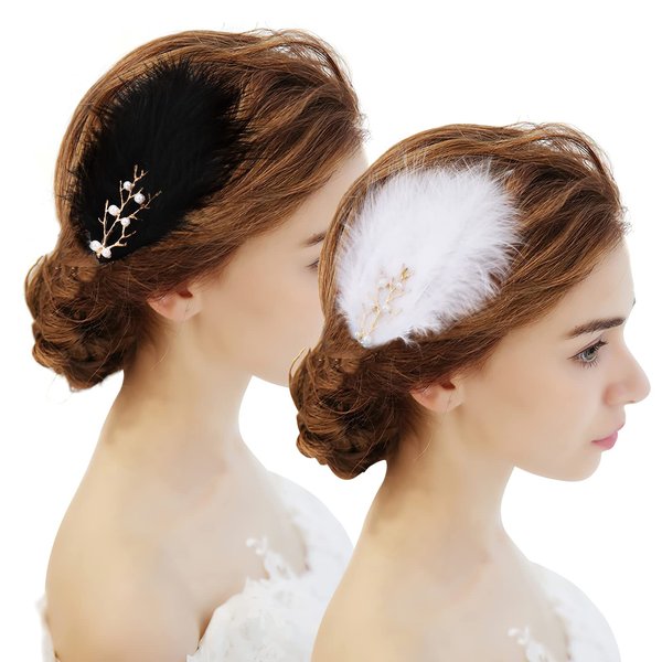 MWOOT Fascinator Feather Hair Clips, 4 Pieces for 1920s Costumes - Black White Barrette for Women, Girls, Ballet, Dance, Classic Skating, Dress Up