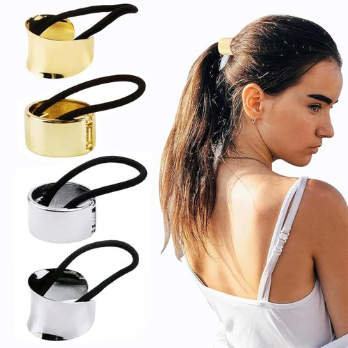 4 Pieces Metal and Silver Circle Hair Cuff Gothic Punk Elastic Hair Band Hair Ties Ponytail Holder Hair Rope Accessory for Women Girls（Gold, Silver）