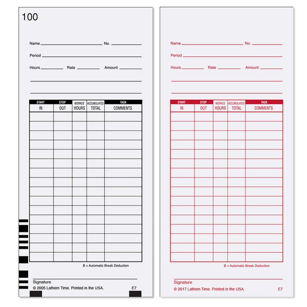 Lathem Time E7-100 Universal 2-Sided Time Cards for 7000E Time Recorder, Numbered 1-100, 100/Pack, 3 1/2 x 7 1/4