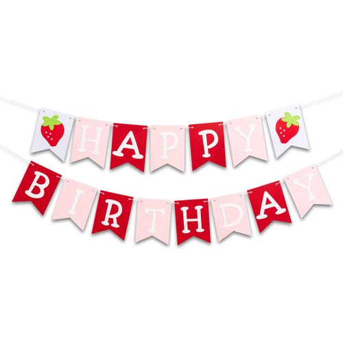CIEQR Strawberry Theme Happy Birthday Banner, Pink Birthday Decorations, Colorful Birthday Banner...