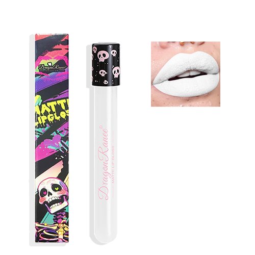 Easilydays White Matte Liquid Lipstick, Skull Face High Pigmented Dark Black Lip Gloss, Waterproof Smudge-proof Lip Stain Lip Gloss, Longlasting Lip Glaze for Halloween Parties Cosplay Makeup, #09