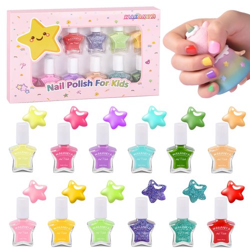 wakaniya Kids Nail Polish Set for Girls 12 Candy Colors Small Nail Polish, Non-Toxic Water-Based Peel-Off Quick Dry Nail Polish for Toddler, Low Odor Safe Nail Art Set for Girls 3+