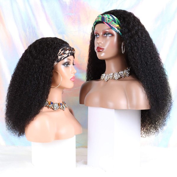 Curly Headband Wig Human Hair Wigs for Black Women - Brazilian Virgin Hair Kinky Curly Wig Headband - Glueless None Lace Front Wigs Human Hair 150% Density Natural Black (26 Inch)