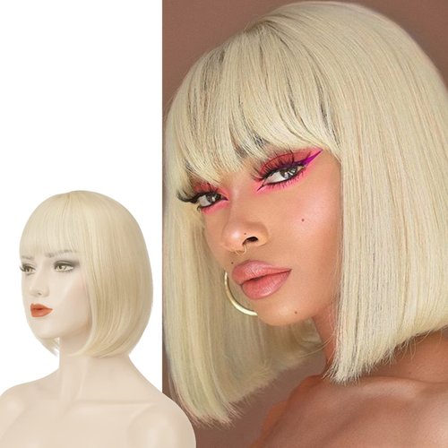 SOFEIYAN Short Straight Bob Wigs 11 inch Synthetic with Bangs Daily Party Cosplay Hair Wig for Black Women, Light Blonde