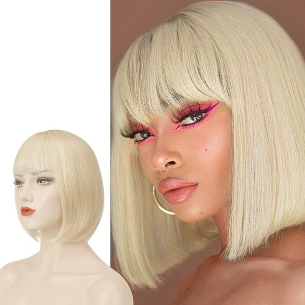 SOFEIYAN Short Straight Bob Wigs 11 inch Synthetic with Bangs Daily Party Cosplay Hair Wig for Black Women, Light Blonde
