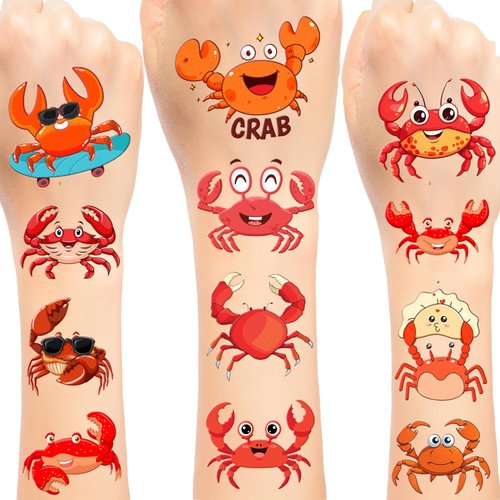Crab Temporary Tattoos 24 Sheets (144 PCS) Crab Party Favors for Crab Boil Party, Seafood Picnic, Baby Shower, and Crab Themed Decorations