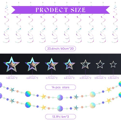 37 Pieces Iridescent Holographic Party Decorations Glitter Swirl Streamer Galaxy Garland Hanging Bling Twinkle Star Party Supplies Circle Dot Swirl Streamer for Wedding Disco Party Decorations