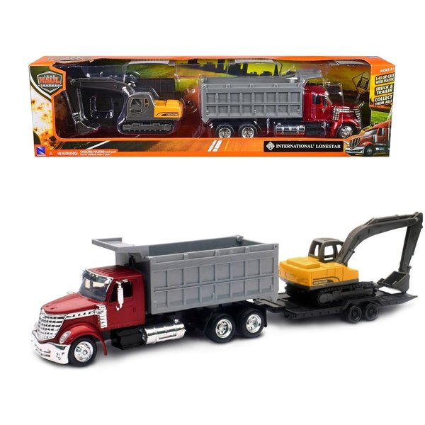 New Ray Toys International Lonestar, Dump Truck w/Excavator 1:43 Scale 18" DIECAST 16623 RED
