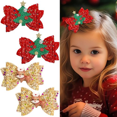 4 Pcs Christmas Hair Clips Bow Hair Accessories Cute Reindeer Christmas Tree Glitter Sequins Hair Barrettes Holiday Headdress Hairpin for Girls Women Kids Xmas Party Cosplay Gift