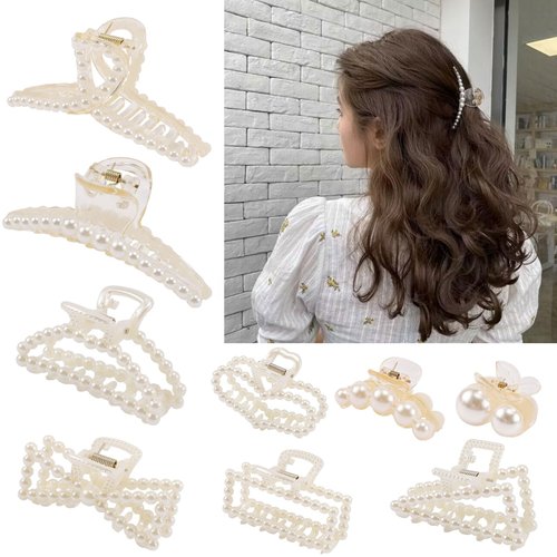 Aprince 9 Pcs Pearl Hair Claw Clips White Claw Clip for Thin Thick Long Hair Bridal Hair Claw Clip for Wedding Nonslip Pearl Hair Accessories for Women and Girls