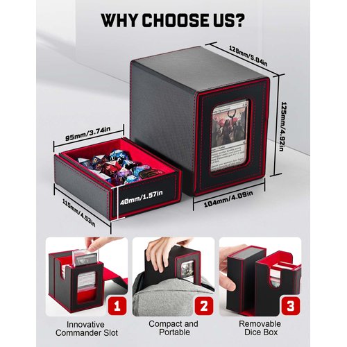 ZLCA MTG Deck Box, Commander Deck Box with Display Window, Card Deck Box Holds 100 Double-Sleeved Cards with Dice Tray & 35pt Magnetic Card Holder（Black& red）
