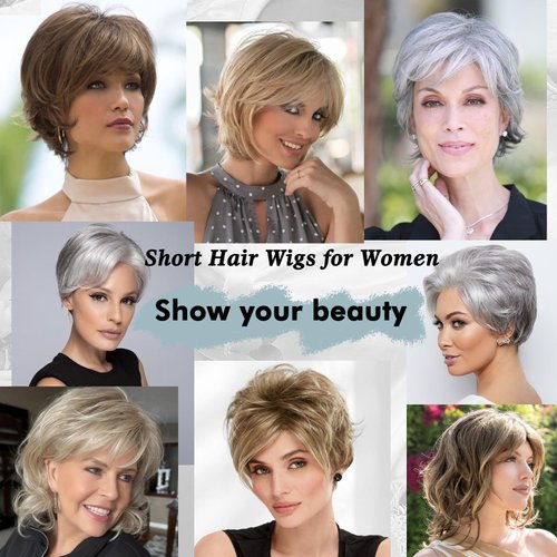 Matthia Straight Bob Wig Platinum Blonde Short Wigs for White Women, Short Bob Pixie Cut Wigs with Side Bangs Charming Synthetic Glueless Layered Bob Wig Daily Use Wigs (Highlight with Light Blonde)