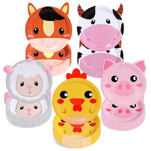 QLoztyse Zoo Animals Paper Plates - 50PCS Disposable Farm Animal Face Shaped Printed Plate with Ears, Baby Shower and Jungle Theme Kids Birthday Party Supplies for Snack, Food, Dessert 7 inches