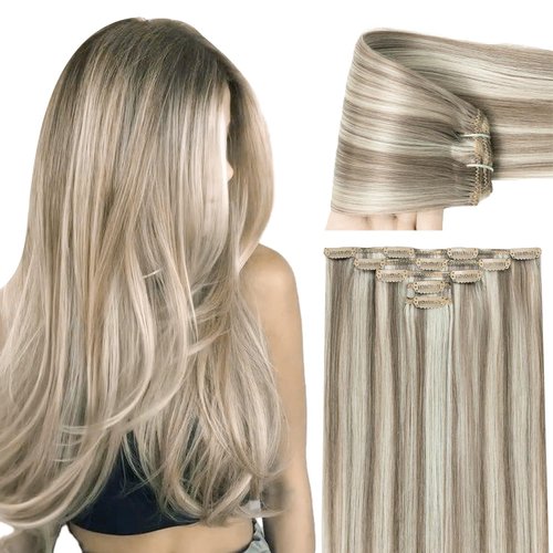 Remy Hair Extensions Clip in Human Hair for Women Ash Brown Highlights Platinum Blonde Clip on Br...