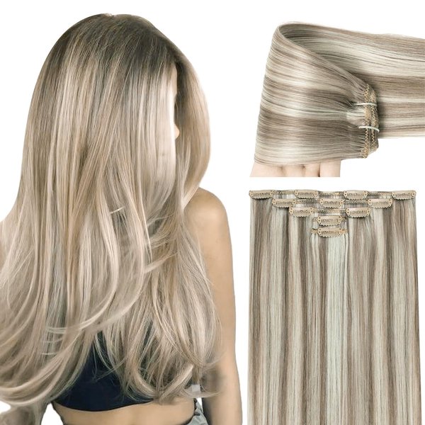 Remy Hair Extensions Clip in Human Hair for Women Ash Brown Highlights Platinum Blonde Clip on Brazilian Human Hair Extensions 20 Inch Straight Clip ins Human Hair Invisible Double Weft 60G 5 PCS