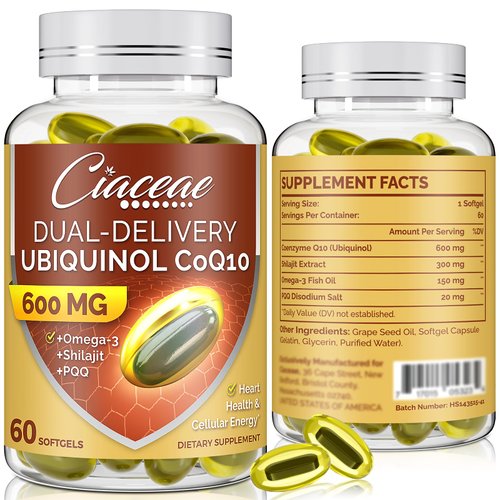 Ubiquinol CoQ10 600 MG Softgels with Omega-3 & Shilajit & PQQ, Advanced Dual-Delivery Coenzyme-Q10, Active CoQ10 Ubiquinol Supplement for Antioxidant, Heart, Brain & Cellular Energy, 120 Servings