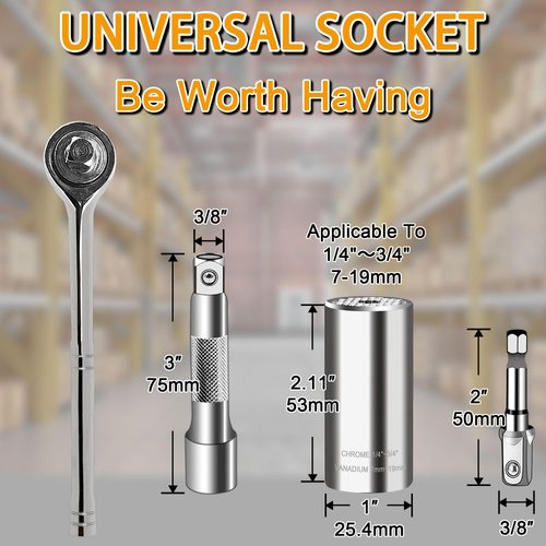 PANMAX Universal Socket Wrench Tool set (7-19mm) Multi-Function Professional Socket Tool Sets with Power Drill Adapter and Ratchet wrench Gift for DIY Handyman, Husband, Boyfriend, Dad, Women