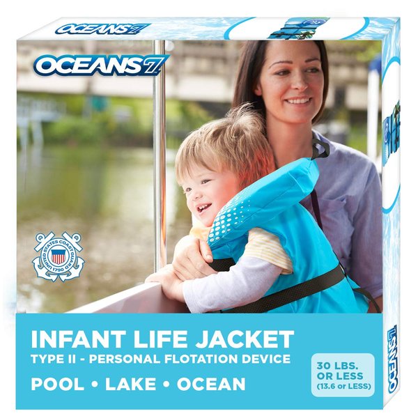 Oceans7 US Coast Guard Approved Infant Life Jacket 8-30 lbs – Type II PFD Flex-Form Chest Personal Flotation Device, Blue/White