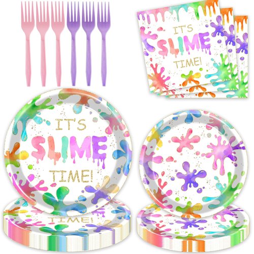 80pcs Slime Birthday Party Supplies Decorations, Colorful It's Slime Time Paper Plates Napkins Forks Tableware Kit for Boys Girls Glitter Colorful Slime Splatter Theme Birthday Party Favor