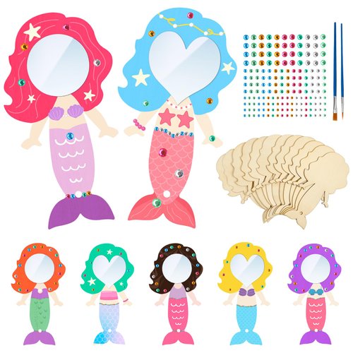 Fennoral 12 Pack Wooden Mirror Craft for Kids Make You Own Mermaid Mirror DIY to Paint Wooden Art...