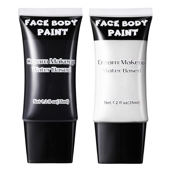 CCbeauty White & Black Face Paint, Cream Face Painting Kit, Professional Water Based Body Paint, Full Coverage Foundation Makeup, Halloween SFX Makeup For Clown Joker Mimes Skeleton Vampire Costume