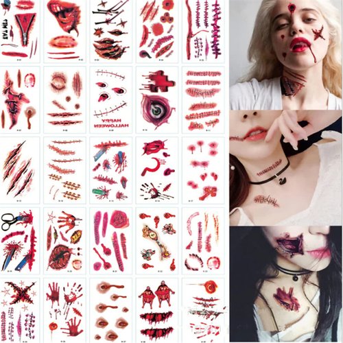 30 Sheets Halloween Fake Scars Temporary Tattoo Stickers Halloween Prank Zombie Makeup Horror Bloody Wound Eyes Waterproof Tattoo Stickers Decals for Women Man Kids Halloween Cosplay Party Decorations