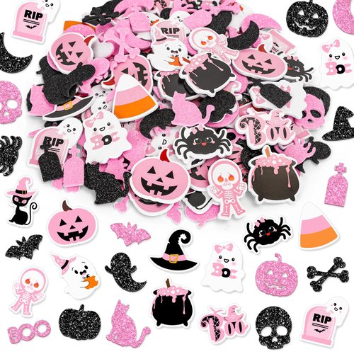 Whaline 350Pcs Halloween Foam Stickers Glitter Pink Black Pumpkin Ghost Spider Bat Pattern Self-Adhesive Foam Decals Decorative Stickers for Halloween DIY Craft Home Wall Party Supplies Decor