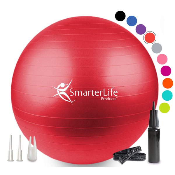 SmarterLife Workout Exercise Ball for Fitness, Yoga, Balance, Stability, or Birthing, Great as Yoga Ball Chair for Office or Exercise Gym Equipment for Home, Premium Non-Slip Design (55 cm, Red)