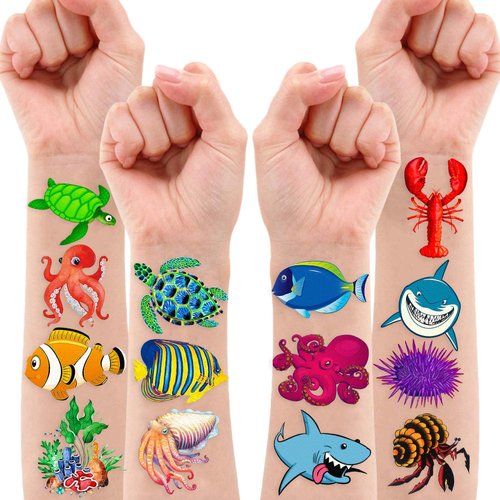8 Sheets (118PCS) Ocean Temporary Tattoos Themed Under The Sea Animal Creature Birthday Party Decorations Favors Supplies Decor Tattoo Stickers for Women Kids Baby Shower