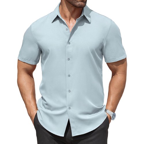 COOFANDY Men's Untucked Dress Shirts Button Down Short Sleeve Shirt Summer Casual Wrinkle Free Formal Party Shirt Light Blue