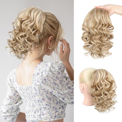 Ponytail Extension, Behufun Drawstring Ponytail 12" Short Curly Clip in Hair Extensions Ponytail Lightweight Fake Pony Tails Hair Extensions Warm Blonde White Blonde Highlights