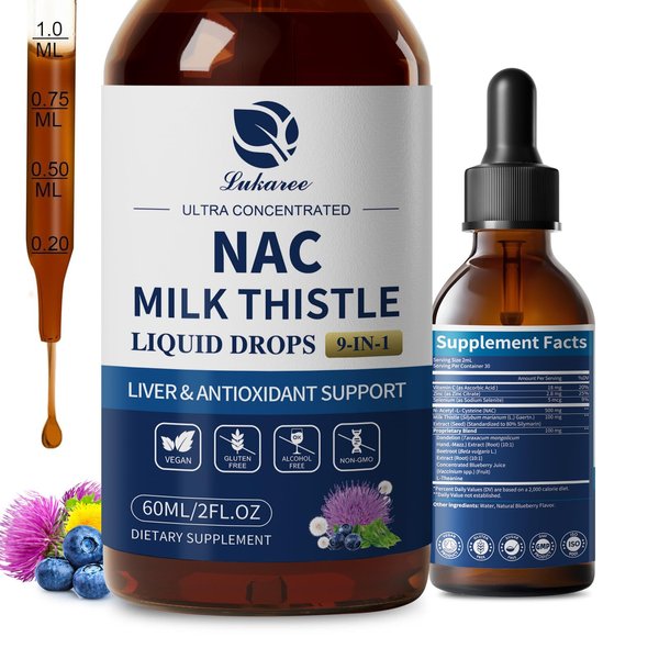 Lukaree Liposomal NAC Supplement N-Acetyl-L-Cysteine 600mg with Milk Thistle - NAC Amino Acid Drops w/Selenium for Liver & Kidney Support*, Lung, Antioxidants & Immune Support*- Vegan, Non-GMO- 2oz